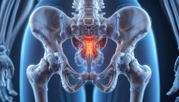 3D Medical Illustration of Human Pelvis with Highlighted Bladder and Inflammation in Blue X-Ray Style