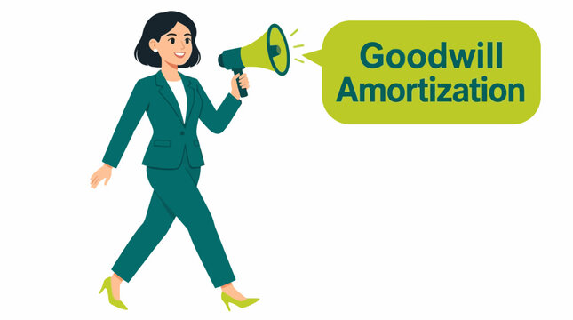 Woman in suit holding goodwill amortization megaphone.