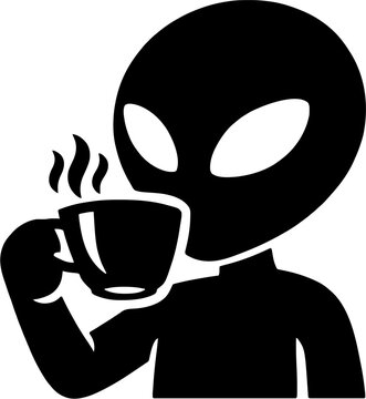 Minimalist alien character silhouette drinking a hot cup of coffee, simple black and white vector icon illustration for creative design projects