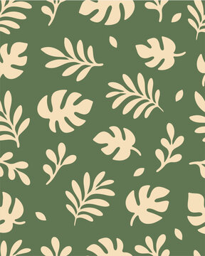 Seamless pattern with minimalist boho botanical leaves. Earthy sage green and beige color palette. Perfect for textile, wallpaper, fabric, wrapping paper, and eco-friendly packaging background design.