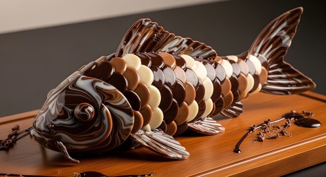 Artistic Chocolate Fish Sculpture on Wooden Display