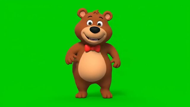 Happy Cartoon Bear Character Dancing on Green Screen Background.