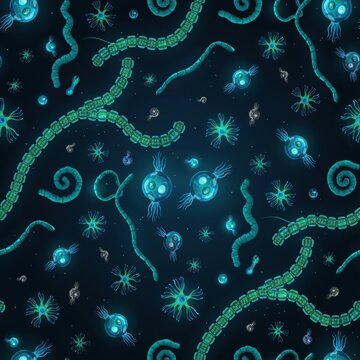 Seamless pattern of various microscopic spiral bacteria, flagellated cells, and glowing organisms on a dark blue background