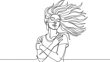 Obraz premium Minimalist line art of woman embracing herself, windblown hair, self-love concept