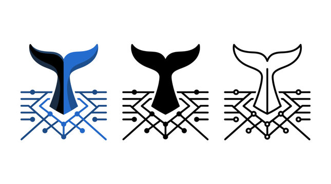 Whale tail fins with circuit board designs in blue black and white colors for tech and nature concepts  electronic symbol