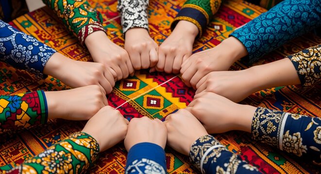 Diverse people putting hands together on colorful patterned fabric