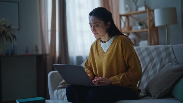 Frustrated lady closing laptop feeling burnout of remote work sitting home couch