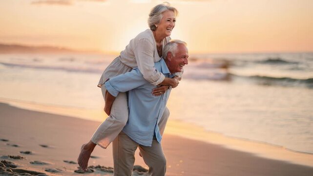 Elderly couple enjoying joyful piggyback ride along sandy beach at beautiful sunset