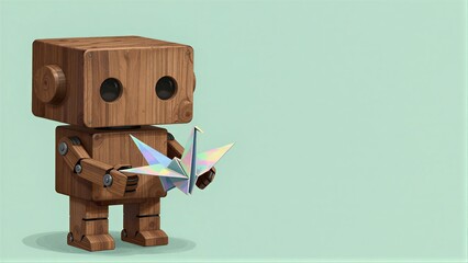 Fototapeta premium Wooden robot holds colorful origami bird against soft mint background.