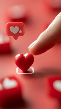 Person finger pressing red 3D heart like button icon on soft red background macro shot