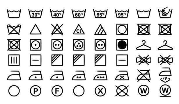 Complete Laundry Care Symbols Set Washable Labels Hand Wash and Ironing Icons Vector Collection