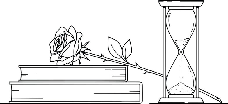 Minimalist Line Art Illustration of an Hourglass Standing Next to a Stack of Books and a Single Rose