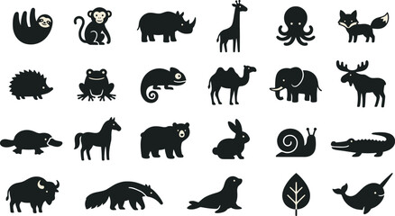 Obraz premium Animals are displayed as a collection of black silhouettes arranged in a grid for versatile design use.