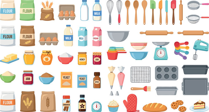 Ultimate home baking ingredients and kitchen cooking utensils flat vector icon set for recipe culinary website menu design