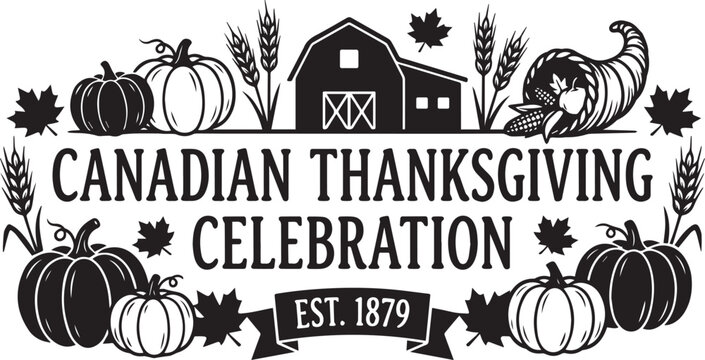 Canadian Thanksgiving celebration vector illustration with pumpkins wheat and barn during autumn harvest season