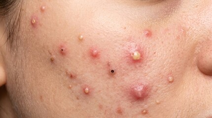 Fototapeta premium Multiple Acne Progression Stages and Inflammation Levels on Cheek Skin Close Up