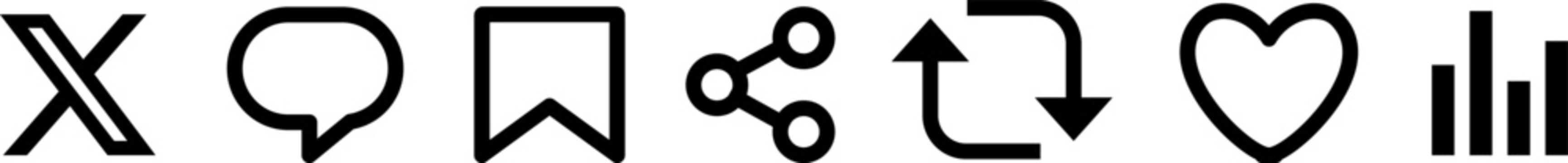 A collection of essential X platform icons in black, these outline symbols include reposts and engagement metrics, they are perfect for sleek social media designs