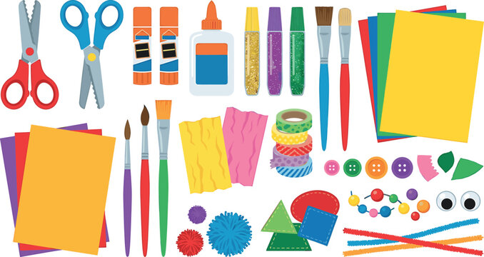 Colorful flat cartoon children school art craft supplies and creative tools vector illustration bundle for kindergarten education website