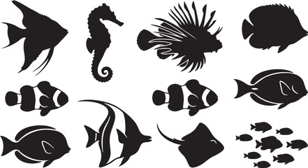 Fish, silhouette, vector, marine, ocean, sea, collection, set, icon, underwater, wildlife, tropical, nature, animal, aquatic, reef, exotic, stingray, seahorse, clownfish © Raju