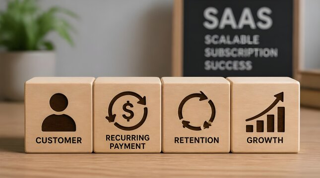 Wooden Blocks Sequence Illustrating SaaS Customer Recurring Payment Retention and Growth Strategy with Icons on Desk for Business Success Subscription Model Concept