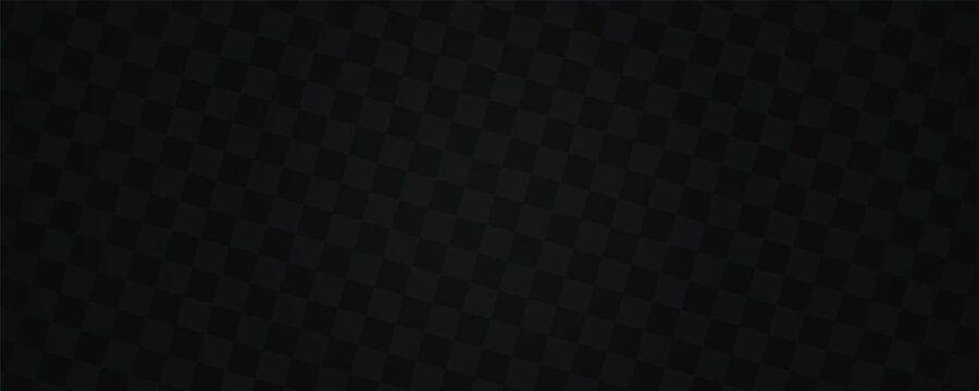 Dark abstract background with a subtle tilted black and grey checkerboard pattern. Modern diagonal checkered grid design template for banners and dark mode backdrops.
