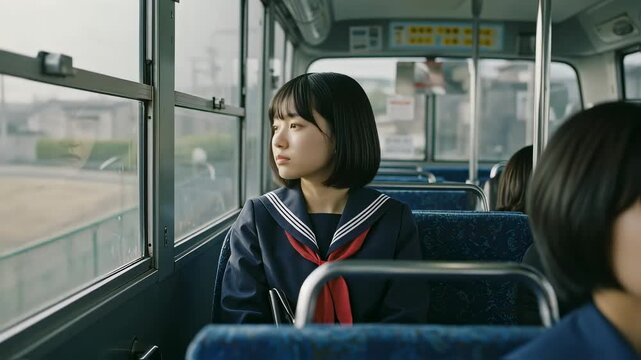 走行中のバスの車内から窓の外を眺めるセーラー服の女子高生