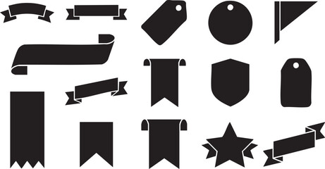 Ribbon, banner, silhouette, vector, collection, set, label, tag, badge, scroll, shield, star, blank, award, flag, sticker, geometric, banner, header, template © Raju