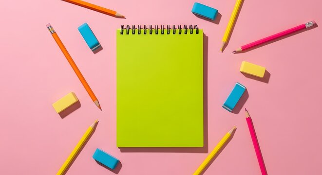 Flat lay of green spiral notebook with colorful pencils and erasers on pink background