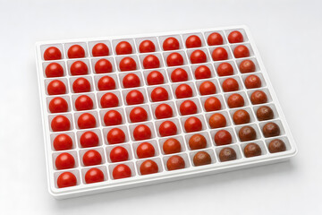 Naklejka premium Senescent cells accumulate with age, soft dull cherry tomatoes increasing toward one corner of a compartment tray