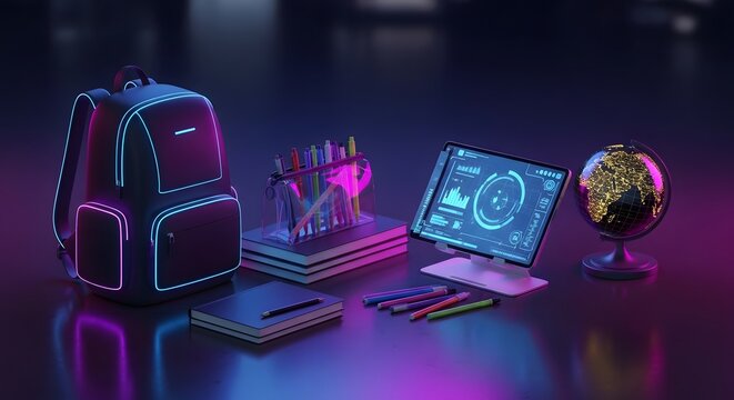 Futuristic school supplies with a glowing backpack, digital tablet, and globe on a dark desk