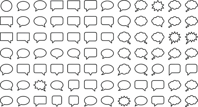 Minimalist speech bubble icons set, 80 black outline chat clouds in EPS format, simple communication dialogue boxes for web and app interface design