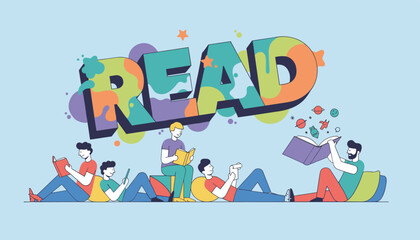 Fototapeta premium Young people enjoying reading and learning together while sitting and lying down with books under a large colorful read sign.
