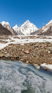 K2 mountain peak, second highest mountain in the world, K2 trek, Pakistan, Asia. Vertical video.