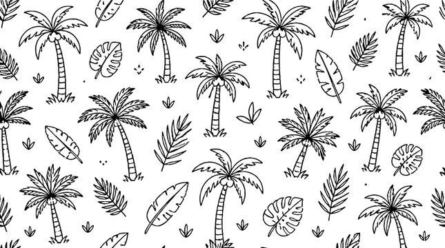 Tropical palm trees and leaves seamless pattern design.