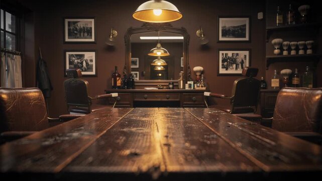 Cozy rustic barbershop with worn leather chairs polished wooden table and vintage decor interior