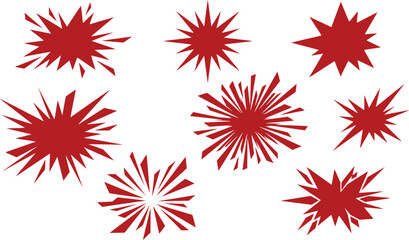 Red comic burst vector set, 8 explosive starburst shapes for pop art design, sharp jagged speech bubble elements for action and impact © Creative Wings