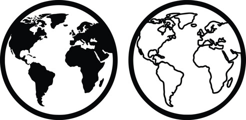 Minimalist world map globe icons, black and white earth sphere vector set, global geography planet symbols for travel and business logistics © Creative Wings