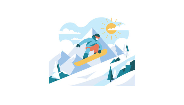 Active snowboarder jumping high in the air above snow-covered mountains on a bright sunny day during winter.