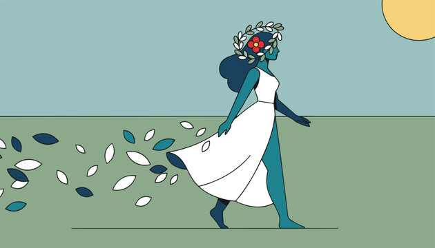 Nature goddess or spring personification wearing a white dress and flower wreath walking gracefully under the sun.