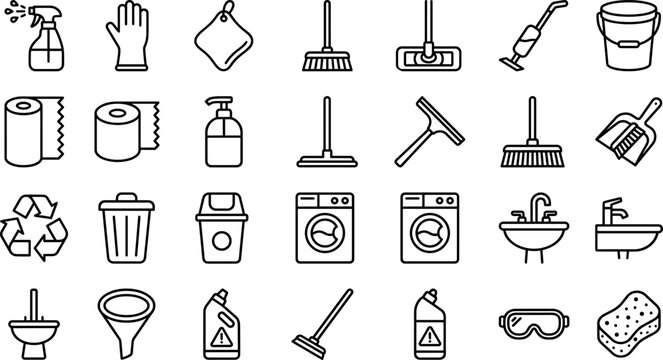 Minimalist housekeeping cleaning tools and laundry service outline line icon vector set for sanitation website application UI design