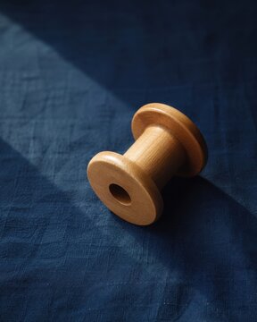 beechwood kumihimo spool on indigo cotton with cinematic soft light and clean negative space for premium stock background