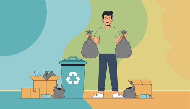 Eco-friendly man holding trash bags standing next to a recycling bin and boxes filled with bottles for disposal.