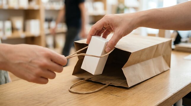Close-up of a hand placing a small white gift box into a brown kraft paper shopping bag in a retail store