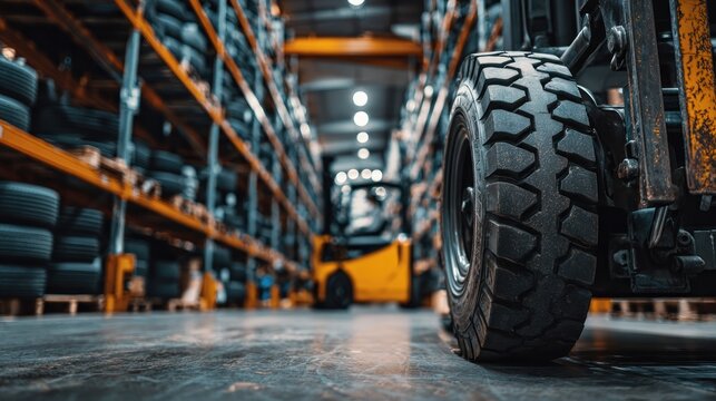 Warehouse with forklift and stacked tires