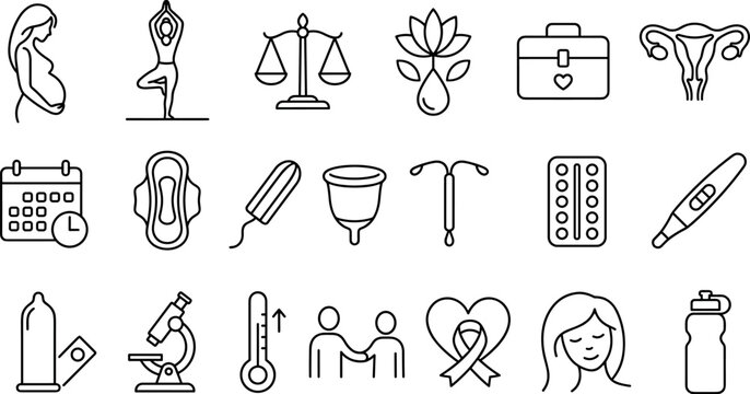 Women's reproductive health gynecology and menstruation line icon set featuring pregnancy and birth control symbols