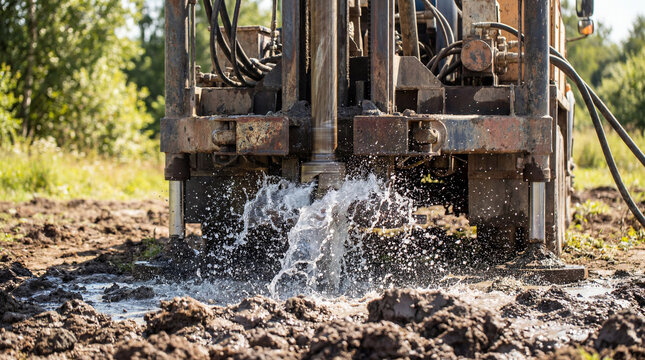Close-up of a heavy drilling rig creating a water well, with water and mud splashing from the ground as groundwater is reached