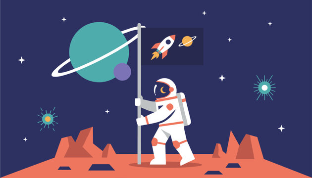 Astronaut in a spacesuit planting a flag on Mars or moon surface with planets and stars in the dark deep space background.