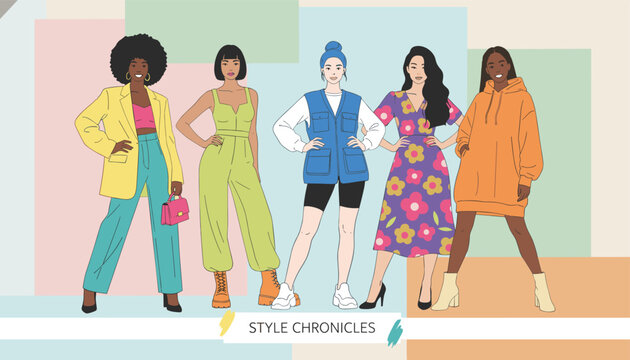 Group of five diverse young women showing different stylish outfits on a geometric background with style chronicles text.