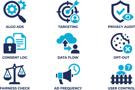 Digital Marketing and Data Privacy Concepts with Icons Algo Ads, Targeting, Privacy Audit, Consent Log, Data Flow, Opt-Out, Fairness Check, Ad Frequency, User Control