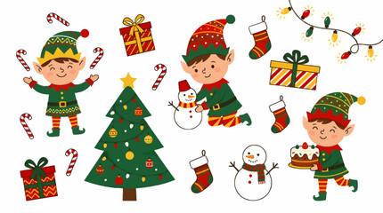 Naklejka premium Cute Christmas Elves and Festive Holiday Elements Vector Illustration: Snowman Building, Gift Wrapping, Candy Canes, Decorated Tree, Stocking, and Cake, Flat Design Graphic Resource